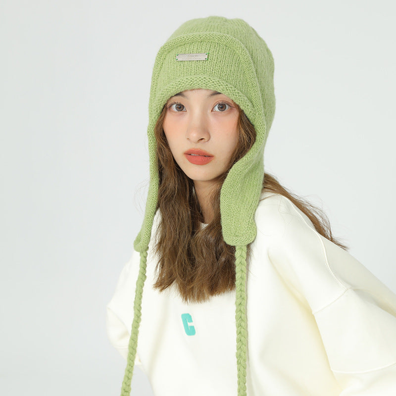 Women's Hat With Ear Protector And Wool Ball Knitting