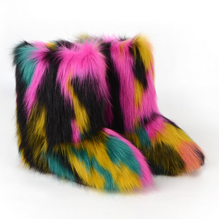 Fashion Multicolor Ladies Outdoor Faux Fur Snow Boots