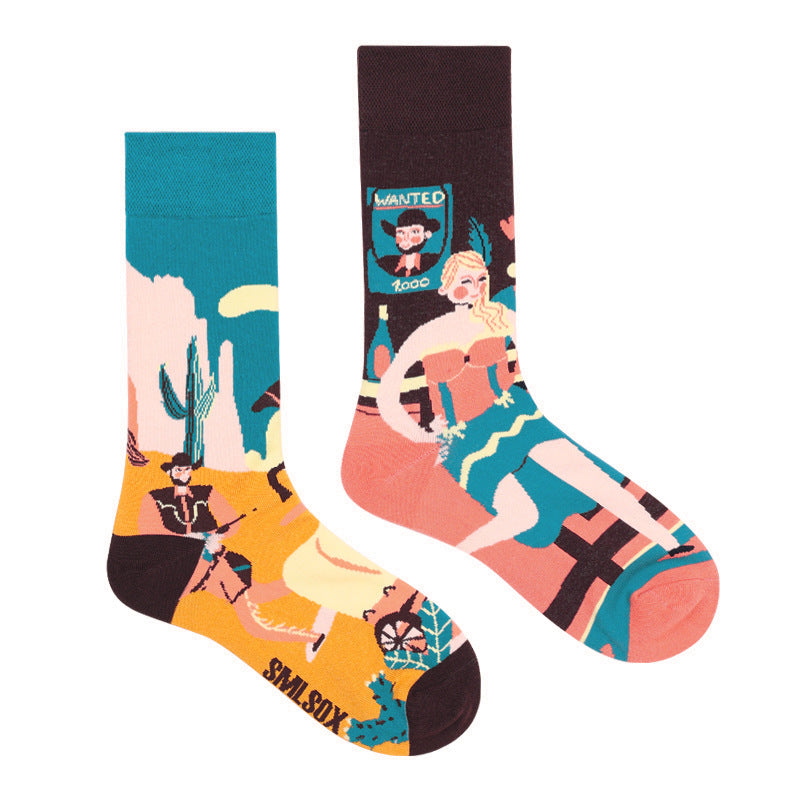Asymmetrical Color Retro Personality Male And Female Couple Mid-length Cotton Socks