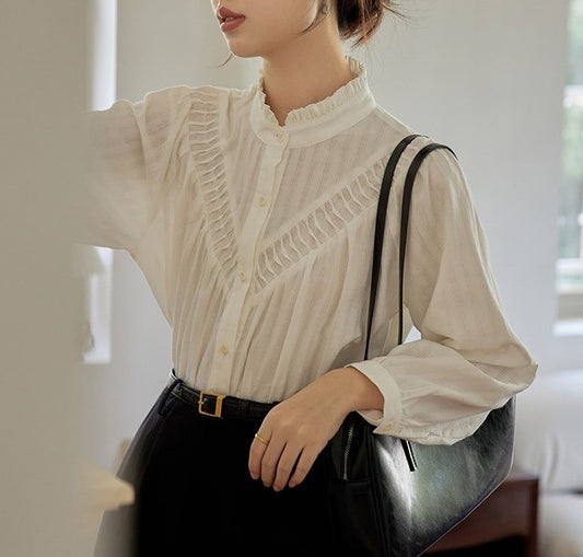 Retro Stand Collar Long Sleeve Design Blouse