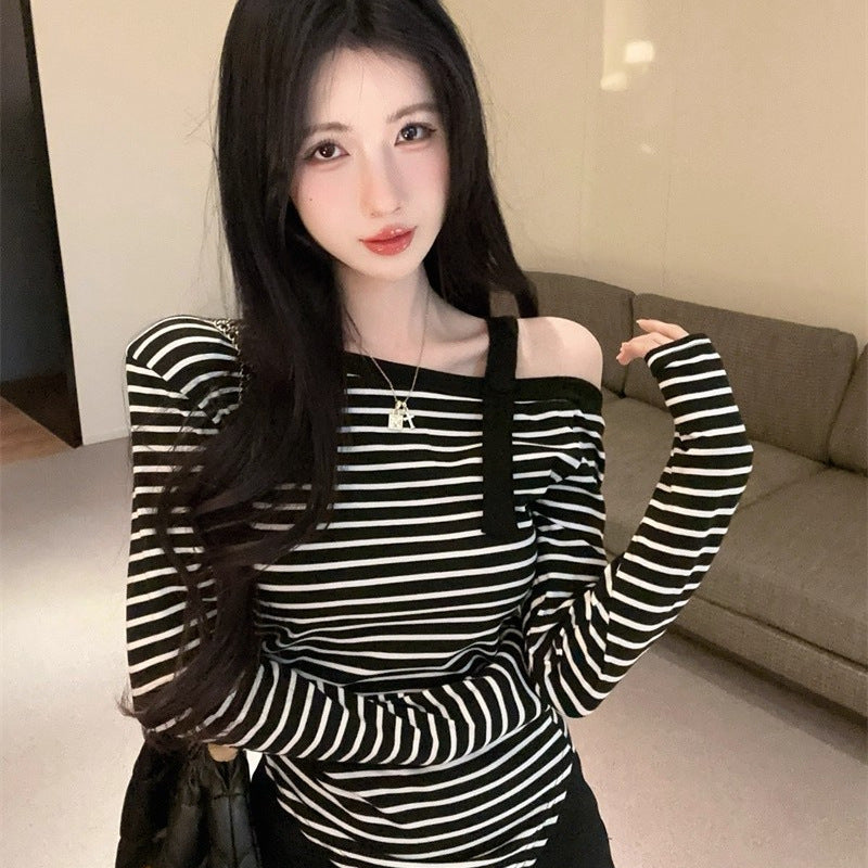 Retro Striped Color-block Off-shoulder Long-sleeve T-shirt