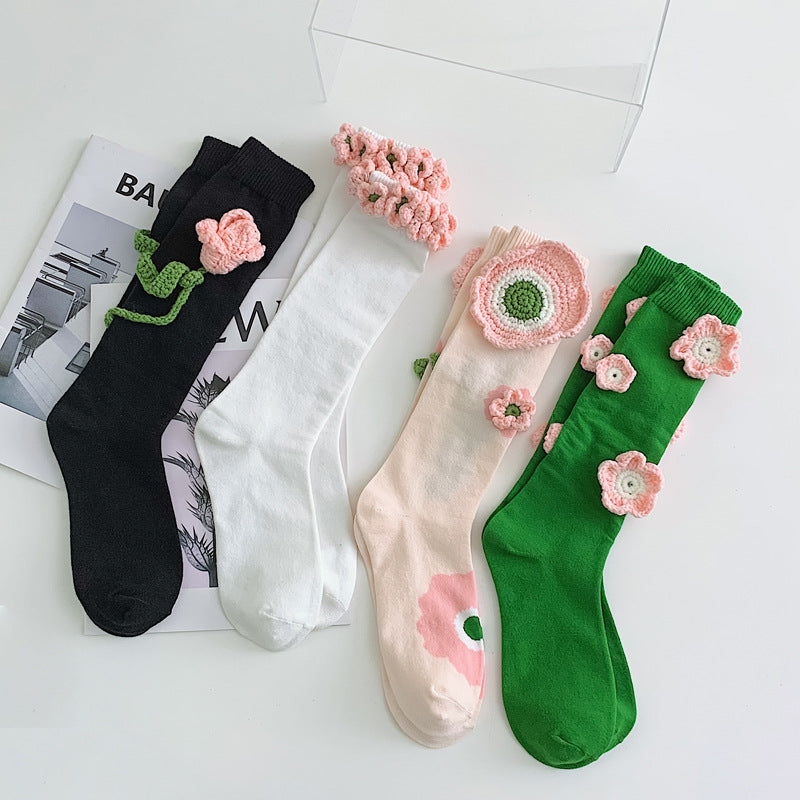 Handmade Flowers Calf Socks Women's Cotton Long Tube Internet Celebrity INS Tide High Tube JK Knee-length Calf Socks