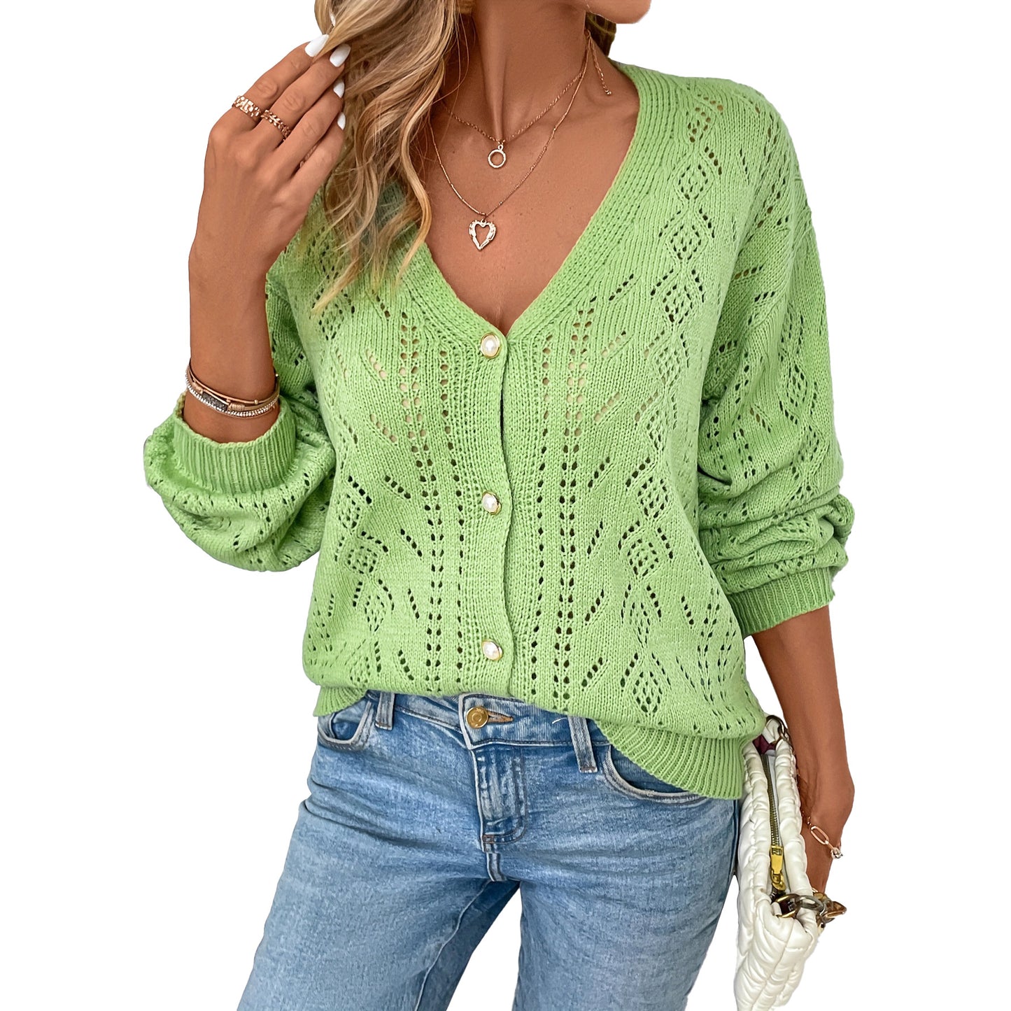 V-neck Hollow-out Single-breasted Long-sleeve Knit Cardigan
