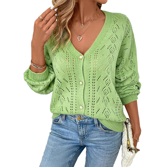 V-neck Hollow-out Single-breasted Long-sleeve Knit Cardigan
