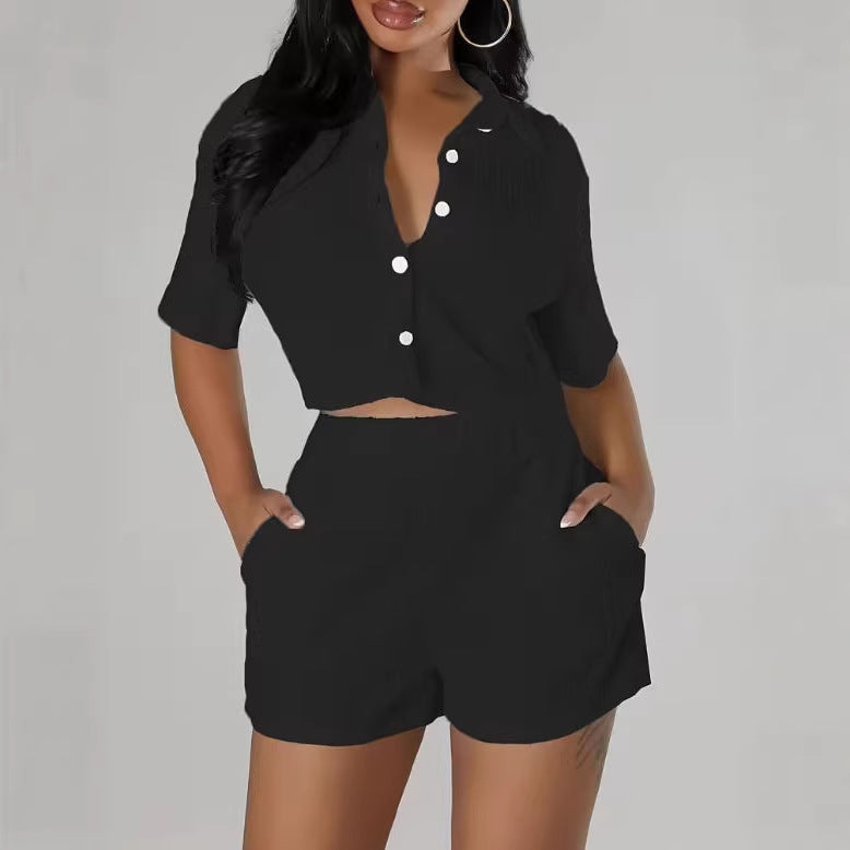 Fashionable Casual Short-Sleeve Shirt Set Single-Breasted Solid Color Pleated Two-Piece Suit