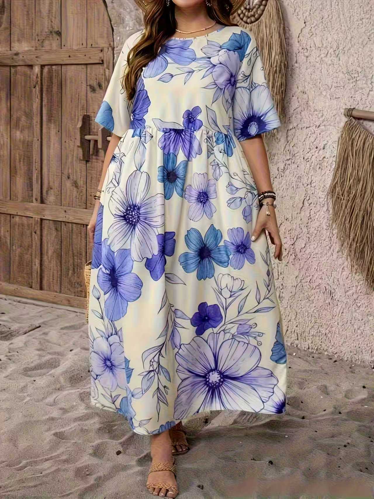 Vacation Short-Sleeve Crew-Neck Floral Print Dress