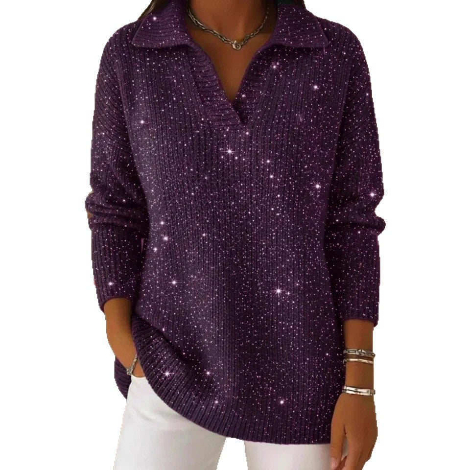 Ny Ensfarvet Langærmet Top Glitrende Sweater