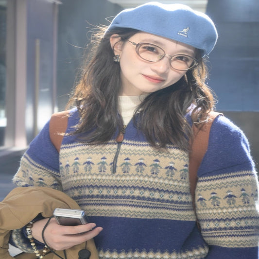 Retro Niche Fair Isle Long-sleeve Mock-neck Pullover Sweater