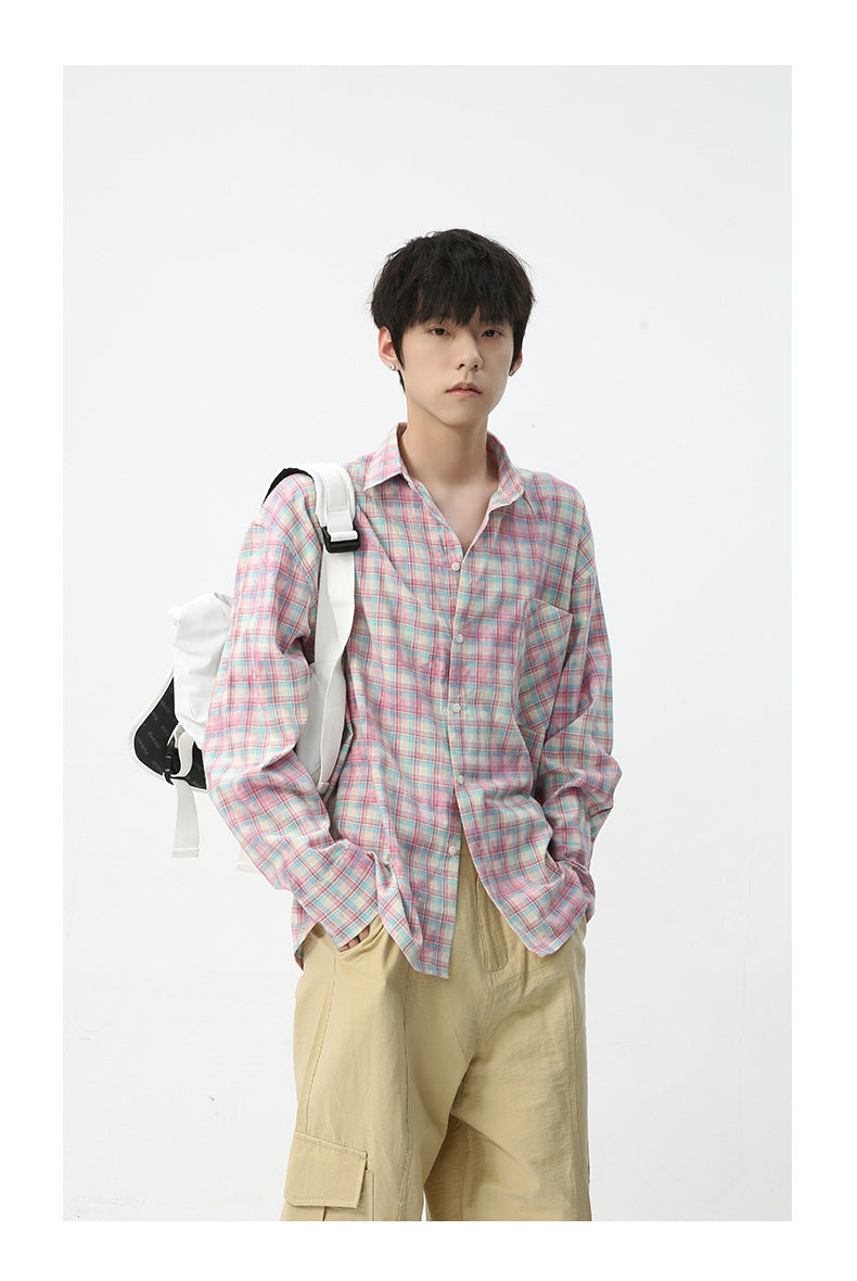 Men's Vintage Tie-dye Plaid Long-sleeved Shirt