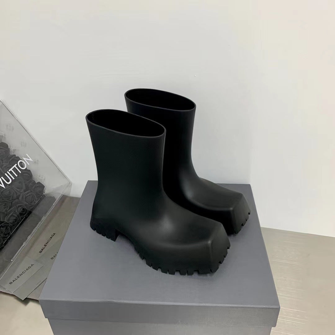 Rain Boots Men's And Women's Square Toe Mid Thick Sole