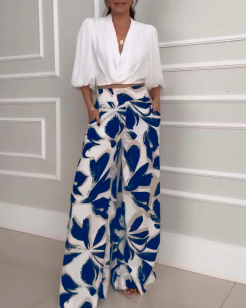 Socialite Womens Three-quarter-sleeve Fashionable Casual Wide-leg Pants Set