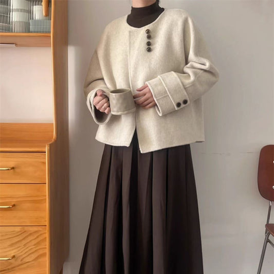 Autumn And Winter New Design Sense Creamy-white Short Woolen Coat Women