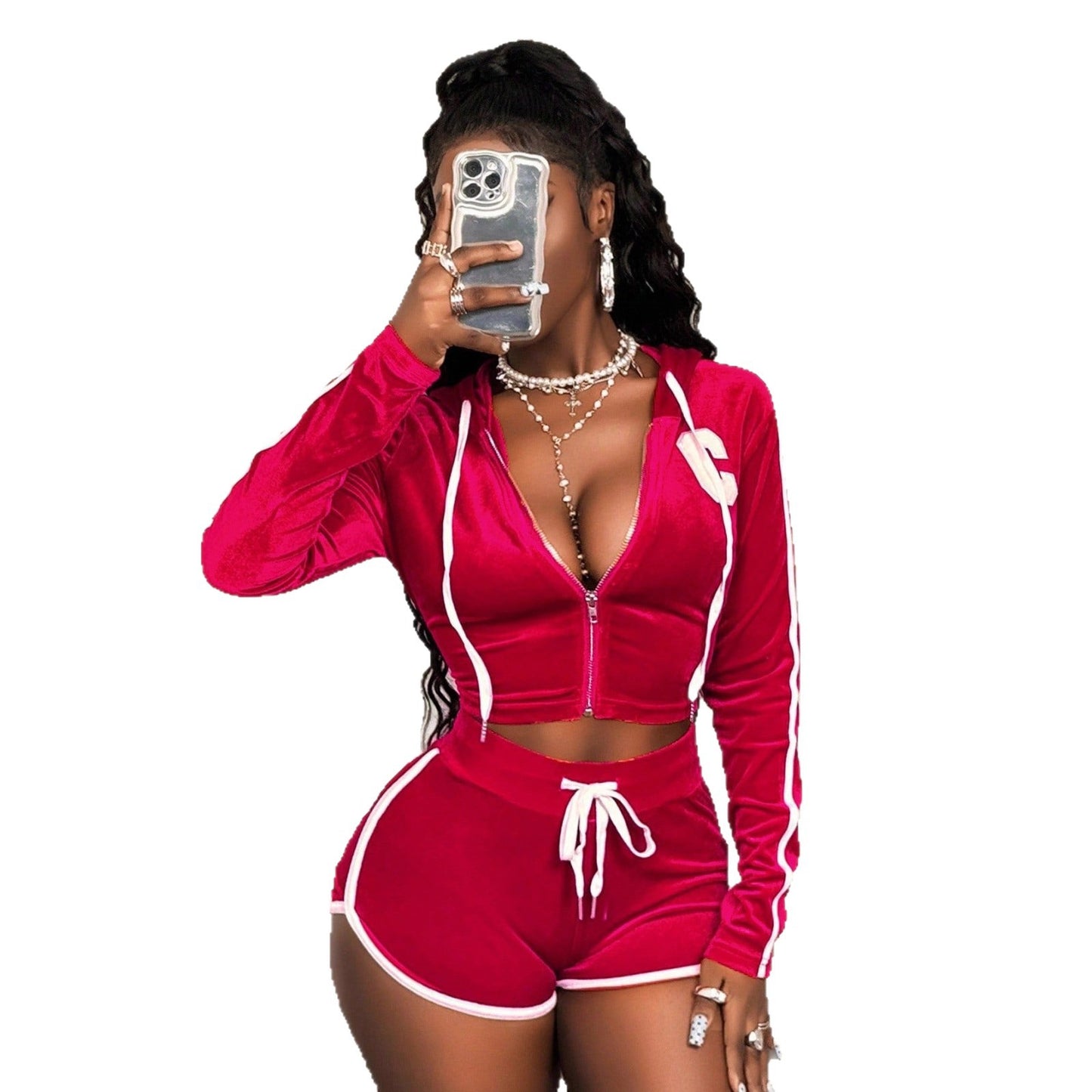 Autumn Fashion Women's Solid Color Long Sleeve Hooded Sport Shorts Set