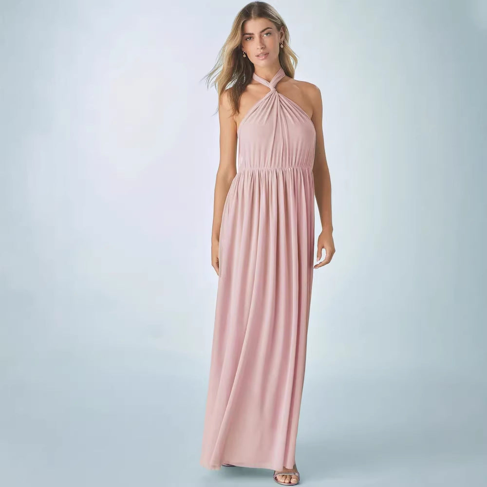 Pleated Solid-Colored Strap Three-Way Dress