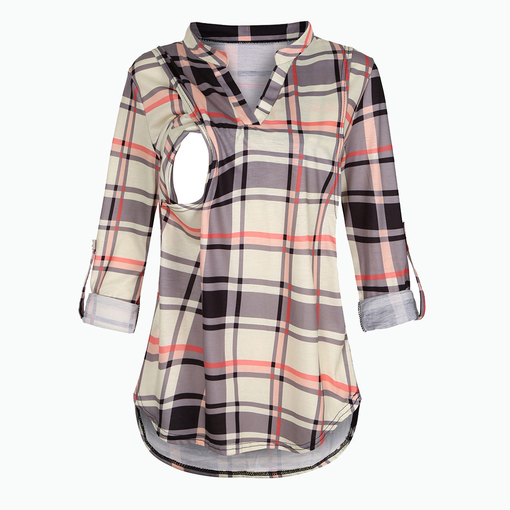 Plaid Printed Pregnant Woman Breastfeeding V-neck Long Sleeve Top