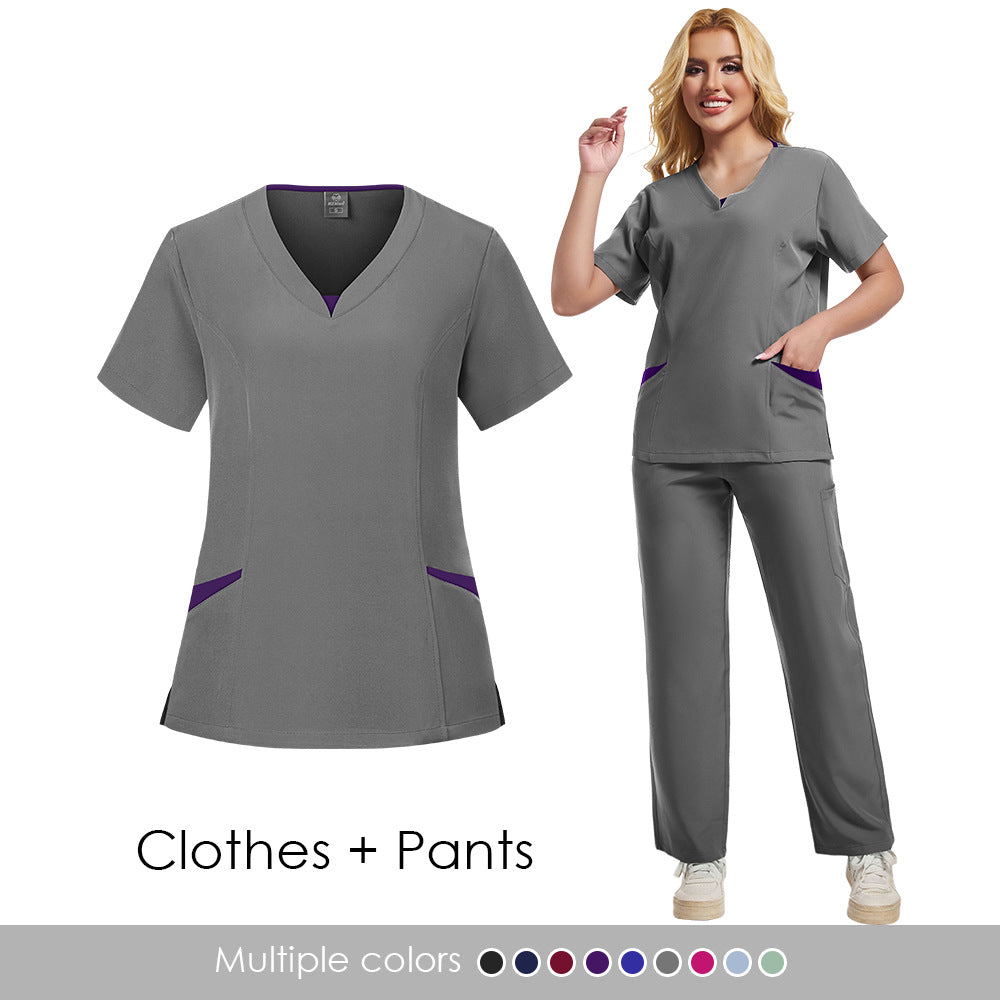 Unisex Dental Clinic Scrub Top With Color-block Design