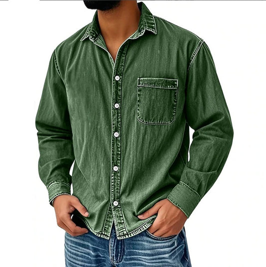 Langærmet denimskjorte til mænd Vasket langærmet top