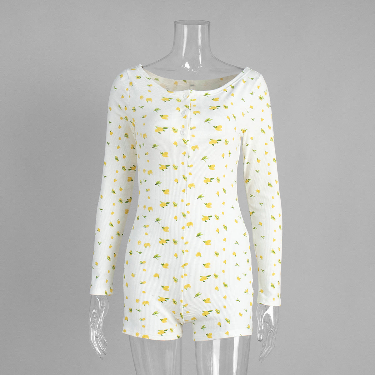 Printed Long-sleeve Jumpsuit Pajamas With Printed Shorts