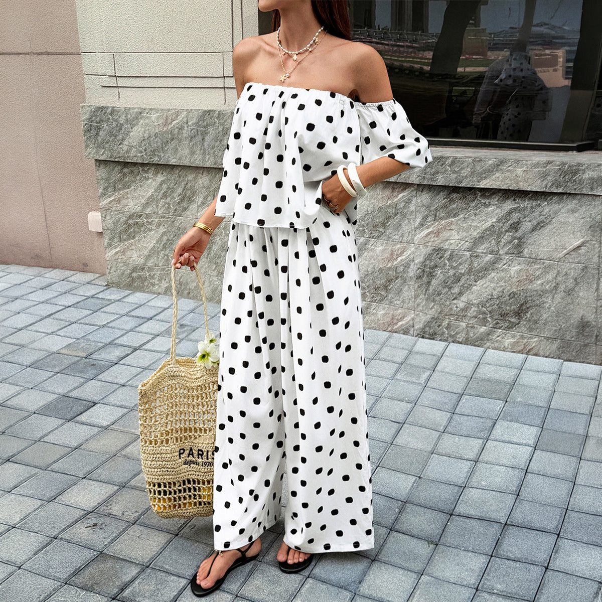 Elegant Casual Commute Fashion Polka-Dot Off-Shoulder Set