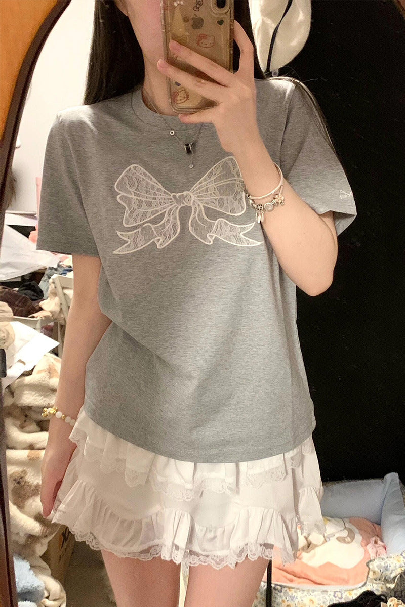 Gray Embroidered Bow Shoulder Short Sleeve
