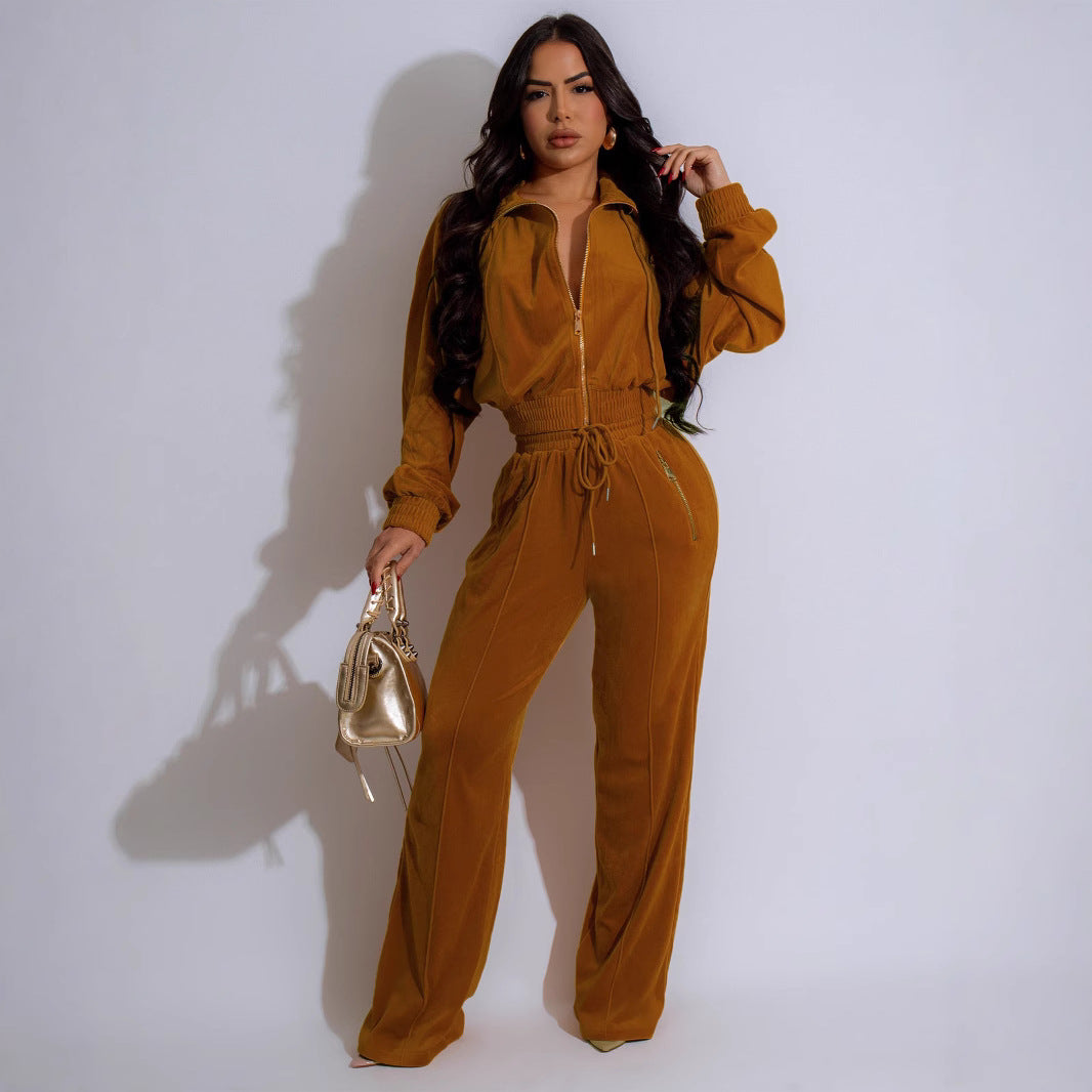 Womens Long-Sleeve Lapel Zip-Up Cardigan And Trousers Winter Two-Piece Set