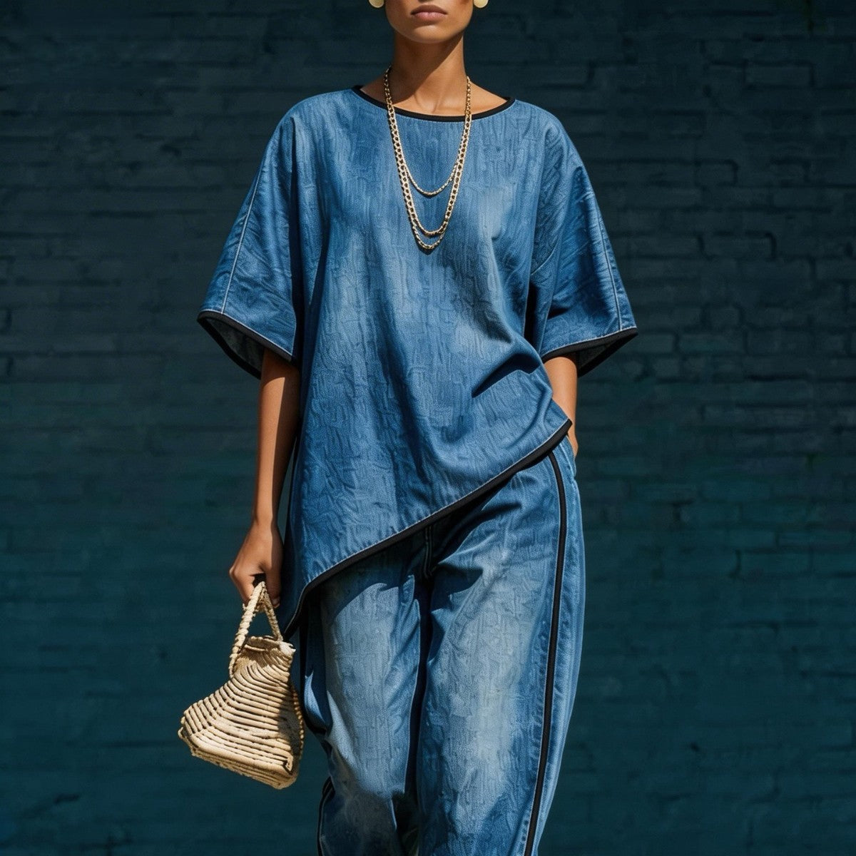 Elegant fritidssæt med vidde ben i denim-stil