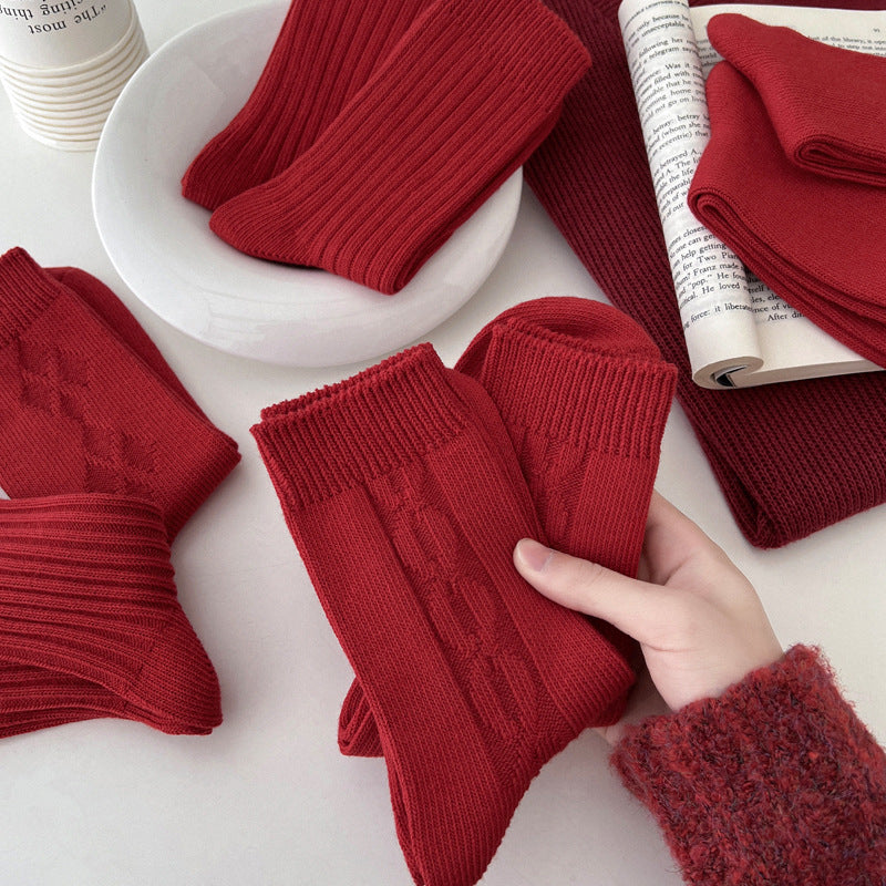 Women's Red Middle Tube Cotton Socks