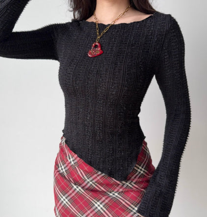 Retro Red Sweater Women's Irregular Hem Slim Fit Bottoming Top