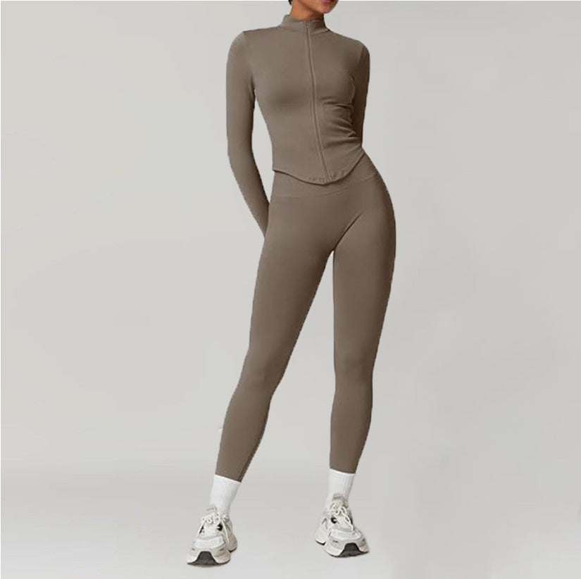 Stand-up Collar Zip-up Long-sleeve Yoga Jacket Workout Set