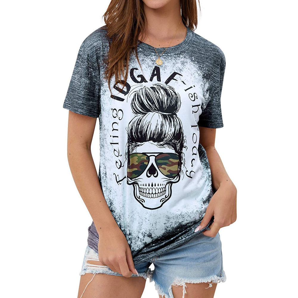 Skull Print Crew Neck Short Sleeve Blouse