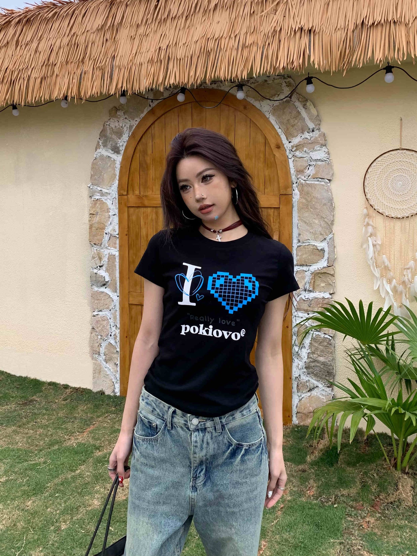 Shoulder T-shirt Female With Hearts Printed Short Sleeve Slim Top