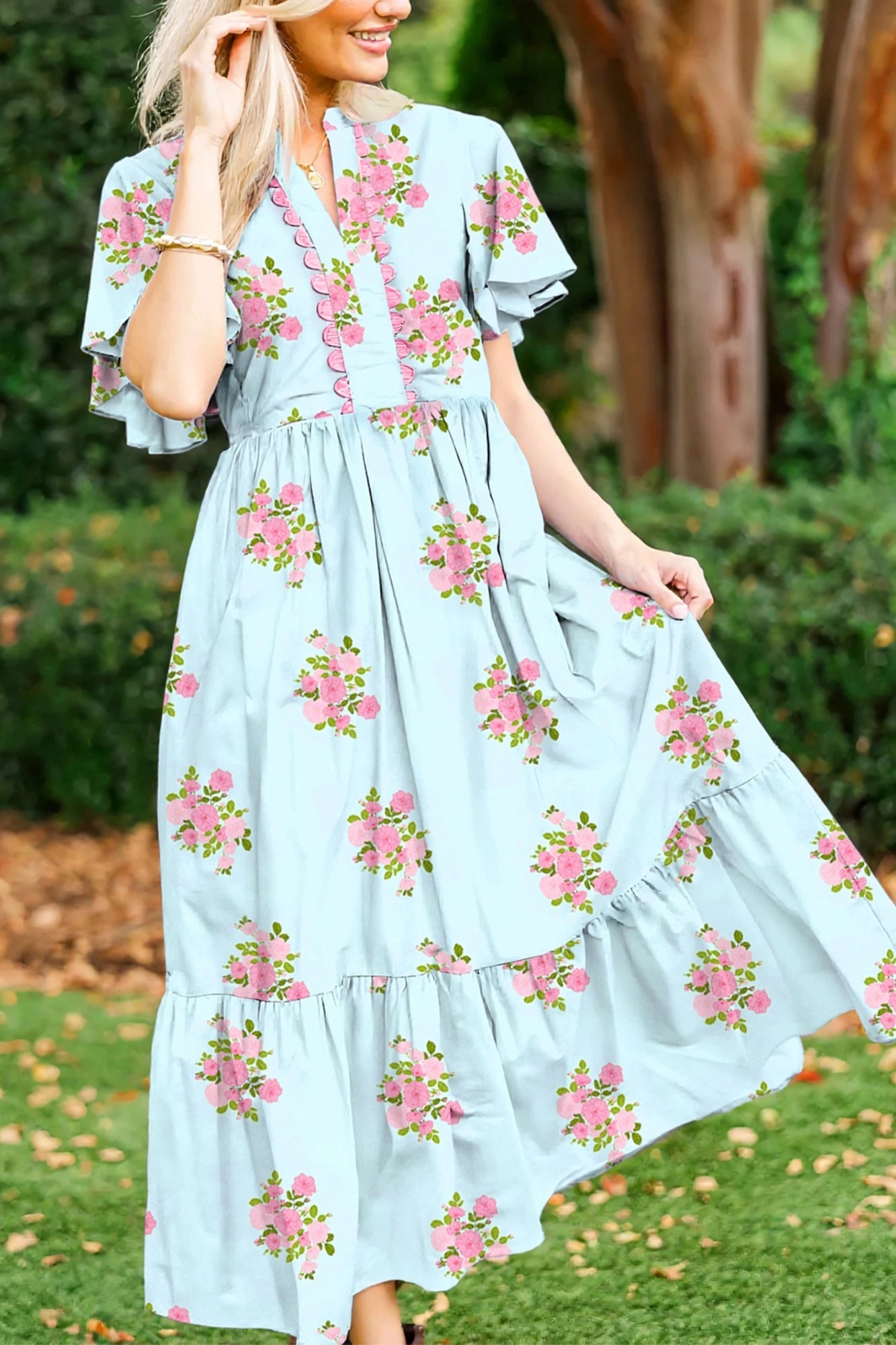Blue Floral-print Buttoned-cuff Three-quarter-sleeve Crew-neck Shirt