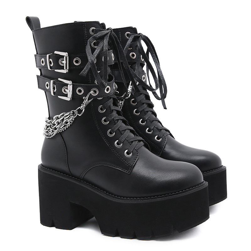 Chunky-heel Side-zip Platform Womens Boots With A Stylish Rivet Belt Buckle