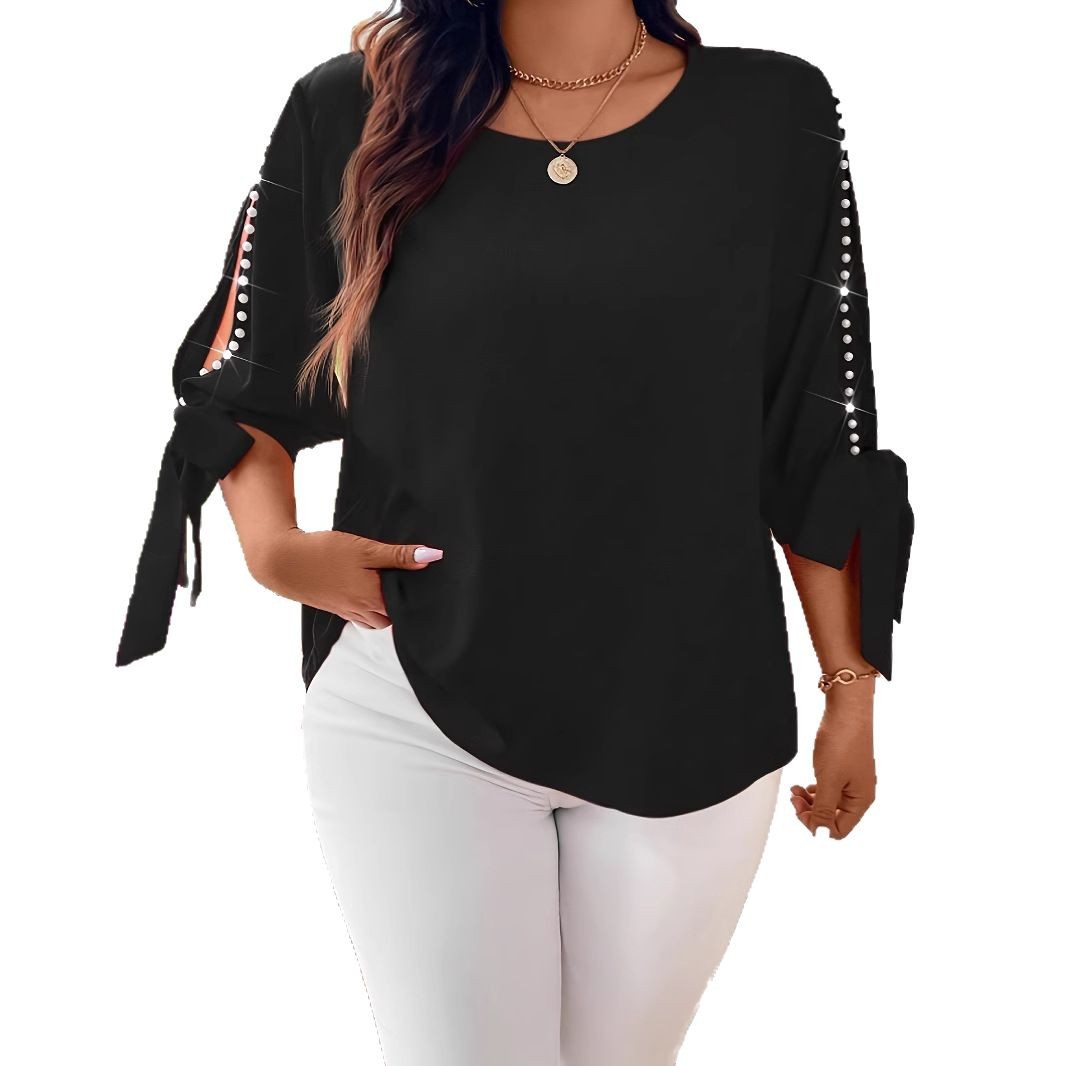 Women's Solid Color Woven Off-shoulder Pearl Tie Casual Shirt