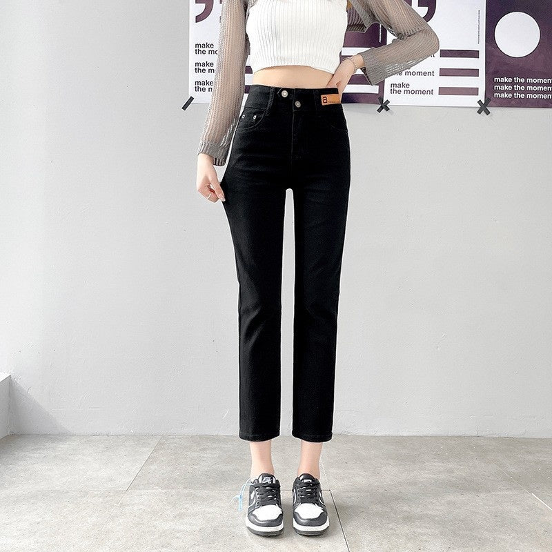 Autumn And Winter Stretch Fleece Ankle-tied Straight Jeans Women's Cropped Pants Small