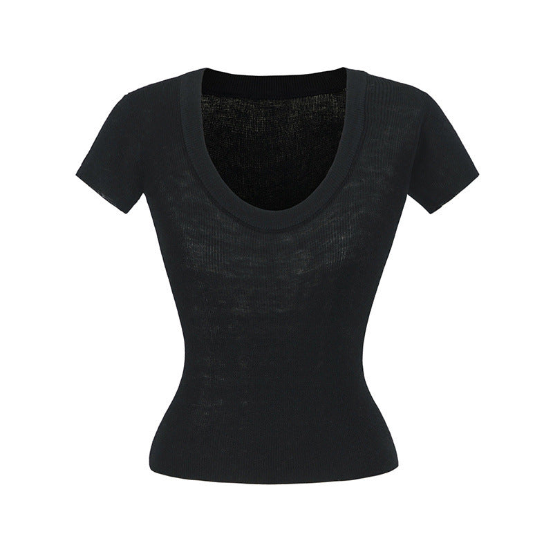 Europæisk og amerikansk stil hot girl uld scoop ensfarvet slim stretch top
