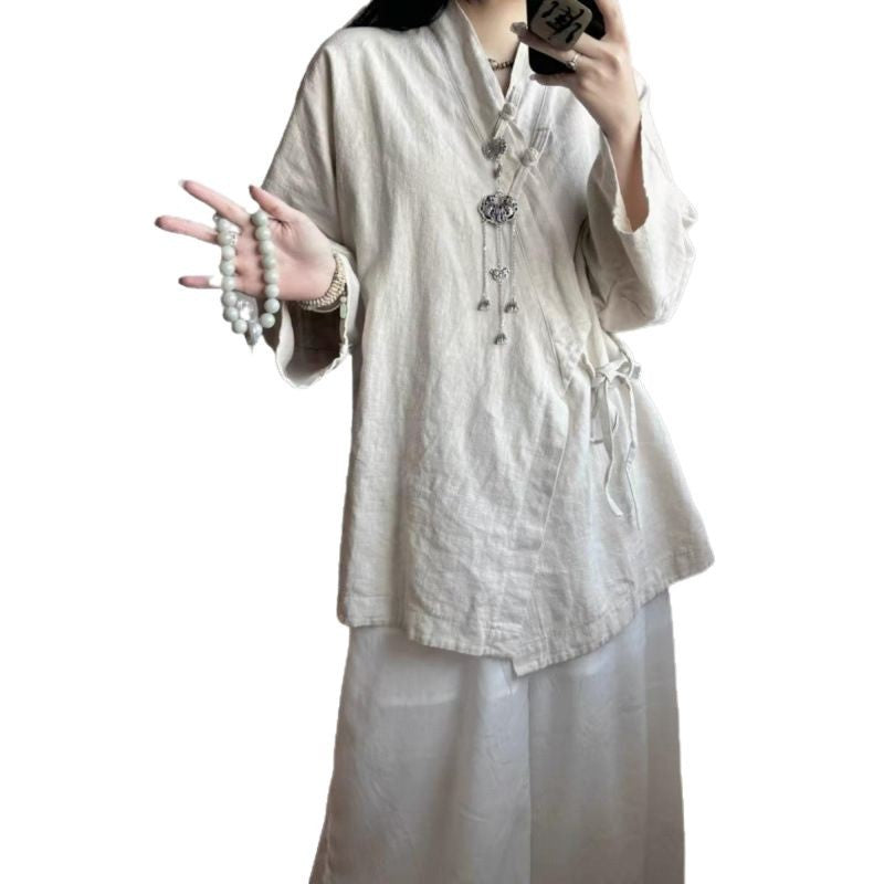 New Chinese-style Zen Tea Clothing With Tie-up Top In Cotton And Linen