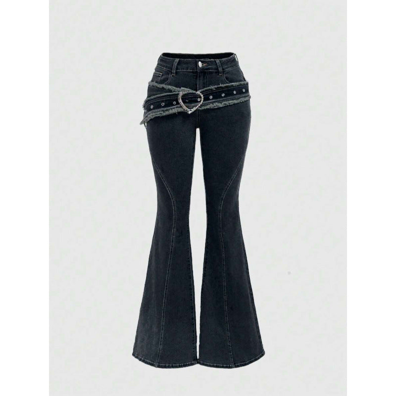 Punk-style Vintage Metal Heart-shaped Belt Frayed-edge Jeans