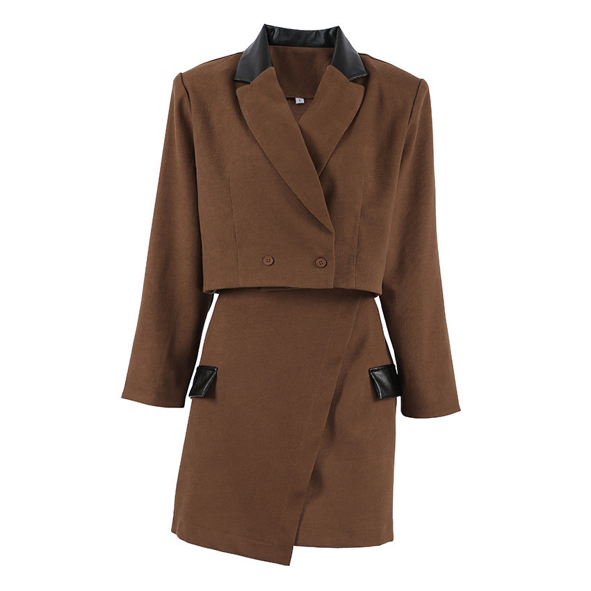 Fashion Casual Women's Short High Waist Color Stitching Irregular Skirt Two-piece Set