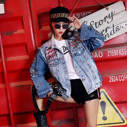 Abstract Print Long-sleeved Denim Jacket