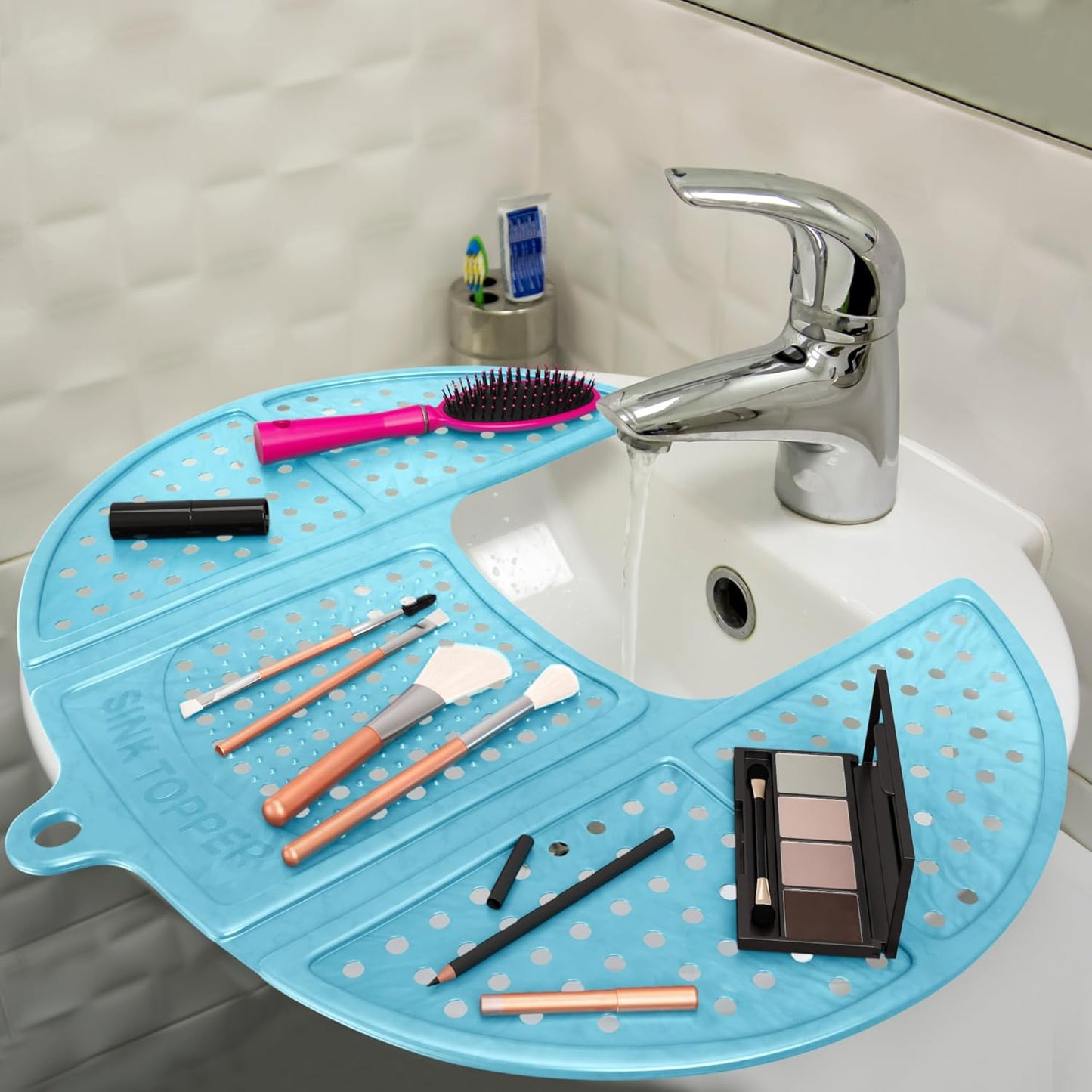 Bathroom Counter Cover & Storage Saver, Foldable Mat for Hot Tools, Hair Styling & Makeup, Beauty Brush Cleaning Mat, RV Camper Sink Cover & for Small Spaces (Standard Pacific Blue)