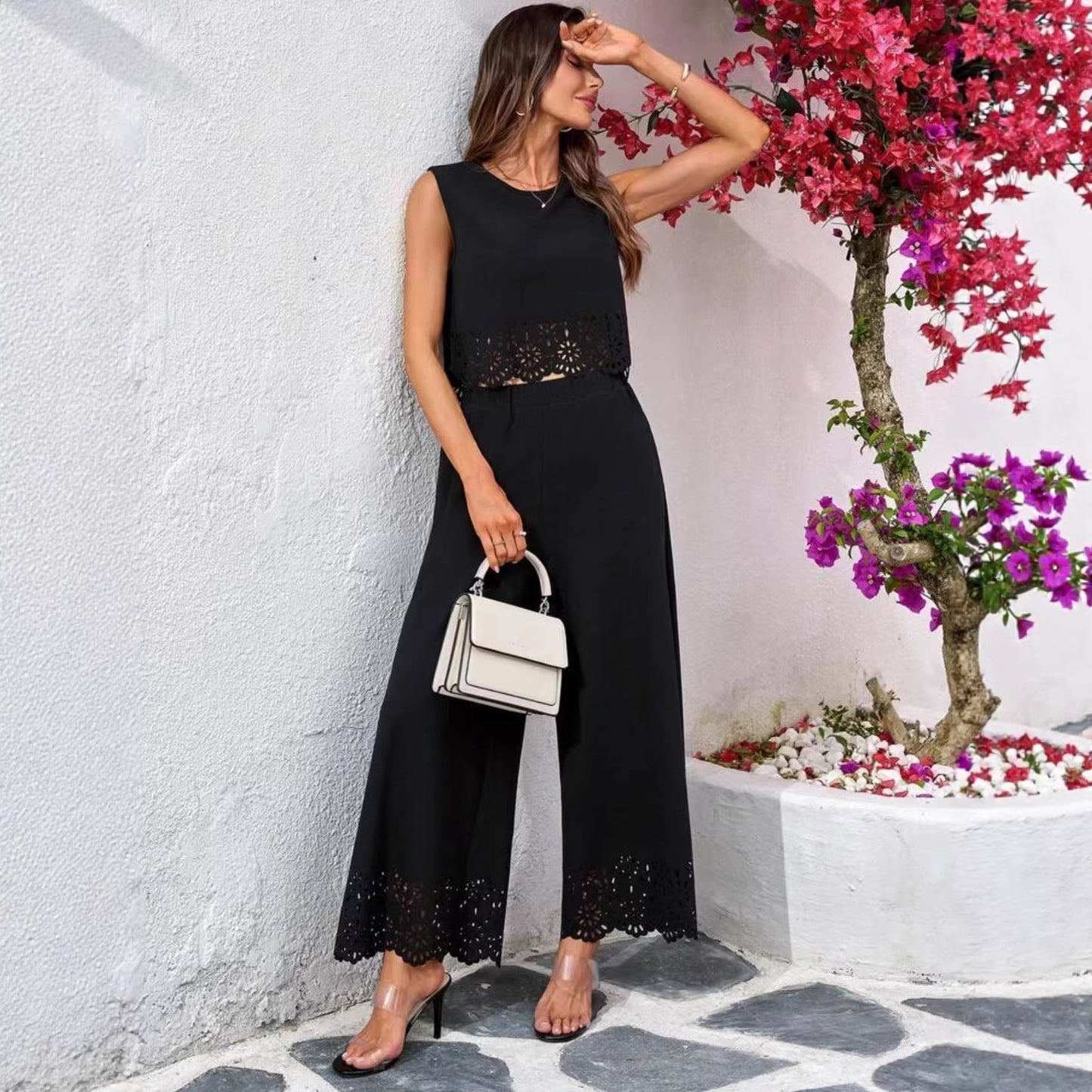 Fashionable Resort-Style Casual Hollow-Out Tank Top And Pants Two-Piece Set