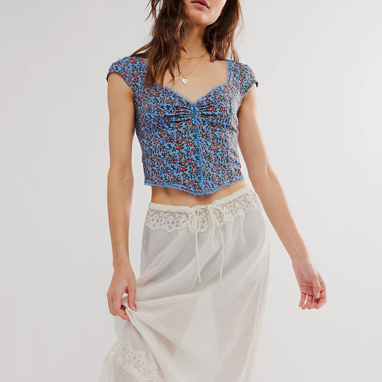 Womens Floral V-Neck Midriff-Baring Cropped TopTube Top