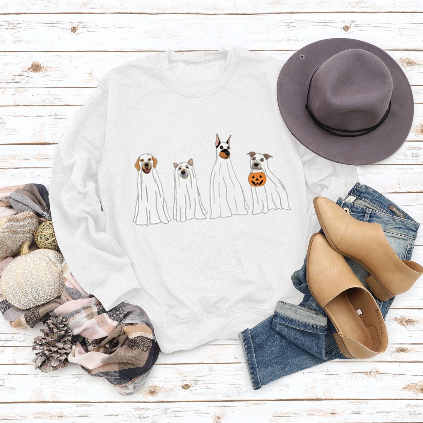 Halloween Ghost Puppy Printed Round Neck Long Sleeve Sweater