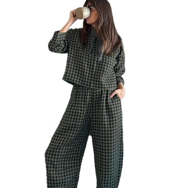Loose And Breathable Grid Long-sleeve Vest And Pants Set