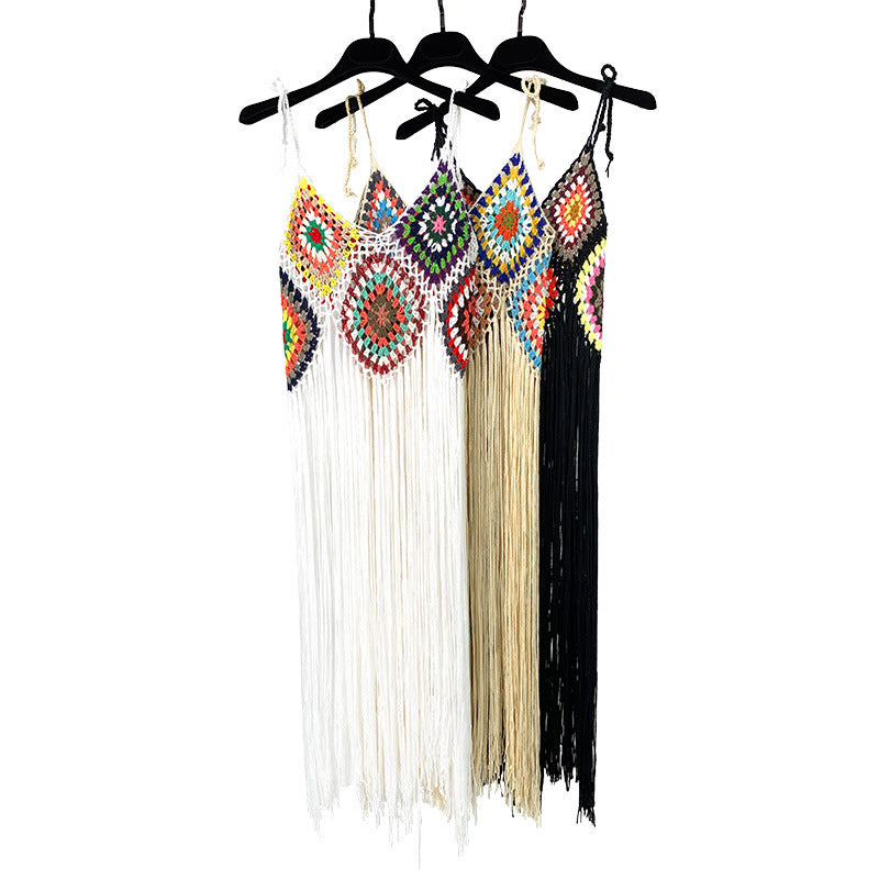 Long Handmade Crocheted Plaid Knitted Sling Tassel Smock Dress