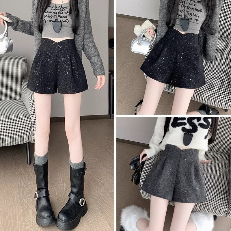 Black Shimmering Sequin Wool Shorts Autumnwinter With A High-end Aesthetic