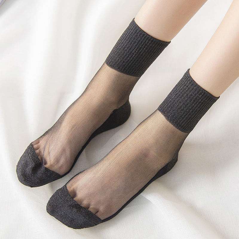 Spring And Summer Ultra-thin Women's Cotton Base Black Silk Transparent Mid-calf Socks