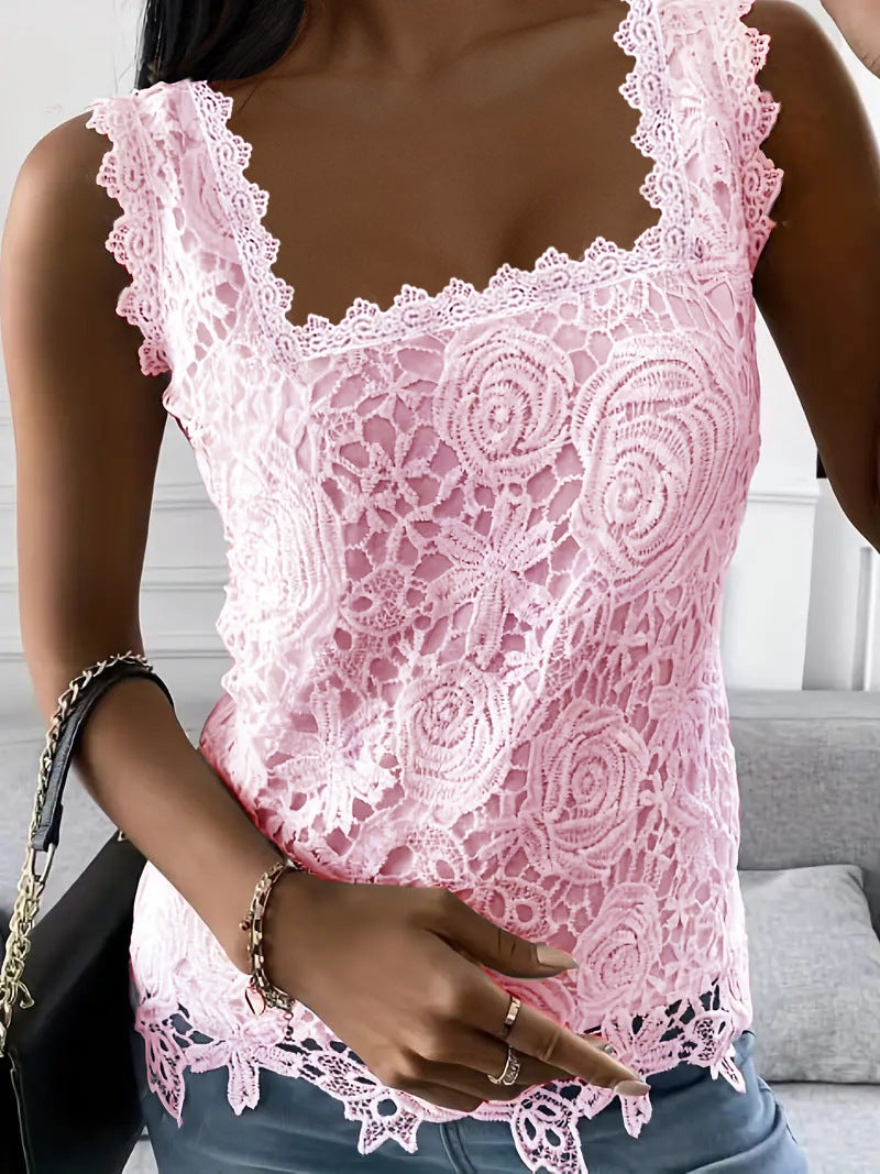 Summer New Square Collar Lace Sleeveless Vest Short Sleeve