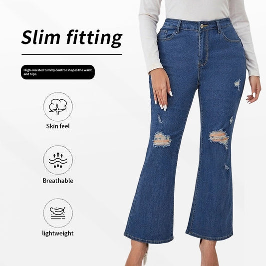 Women's Plus-Size Extra-Large Blue Straight-Leg Ripped Jeans